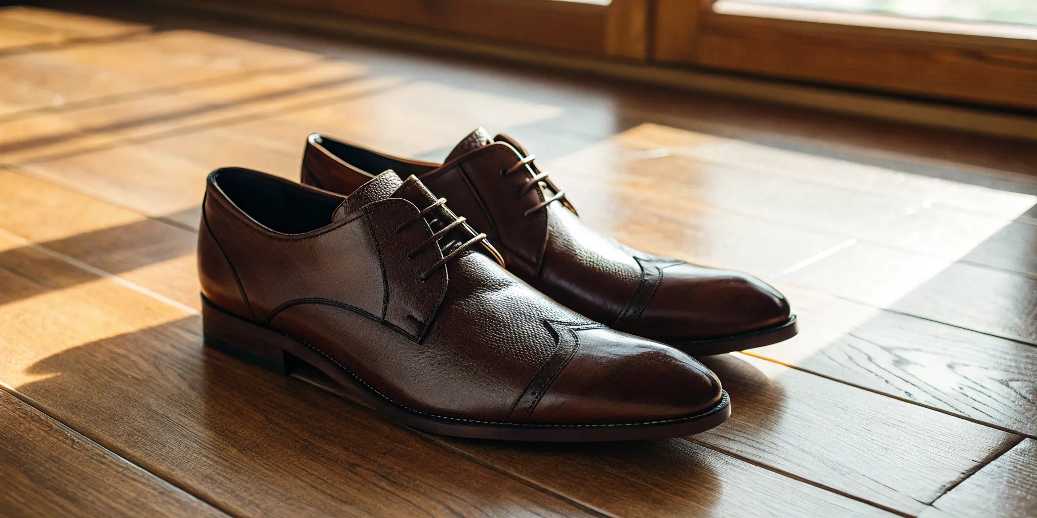 Stylish brown leather men's elevator shoes on a wooden floor.