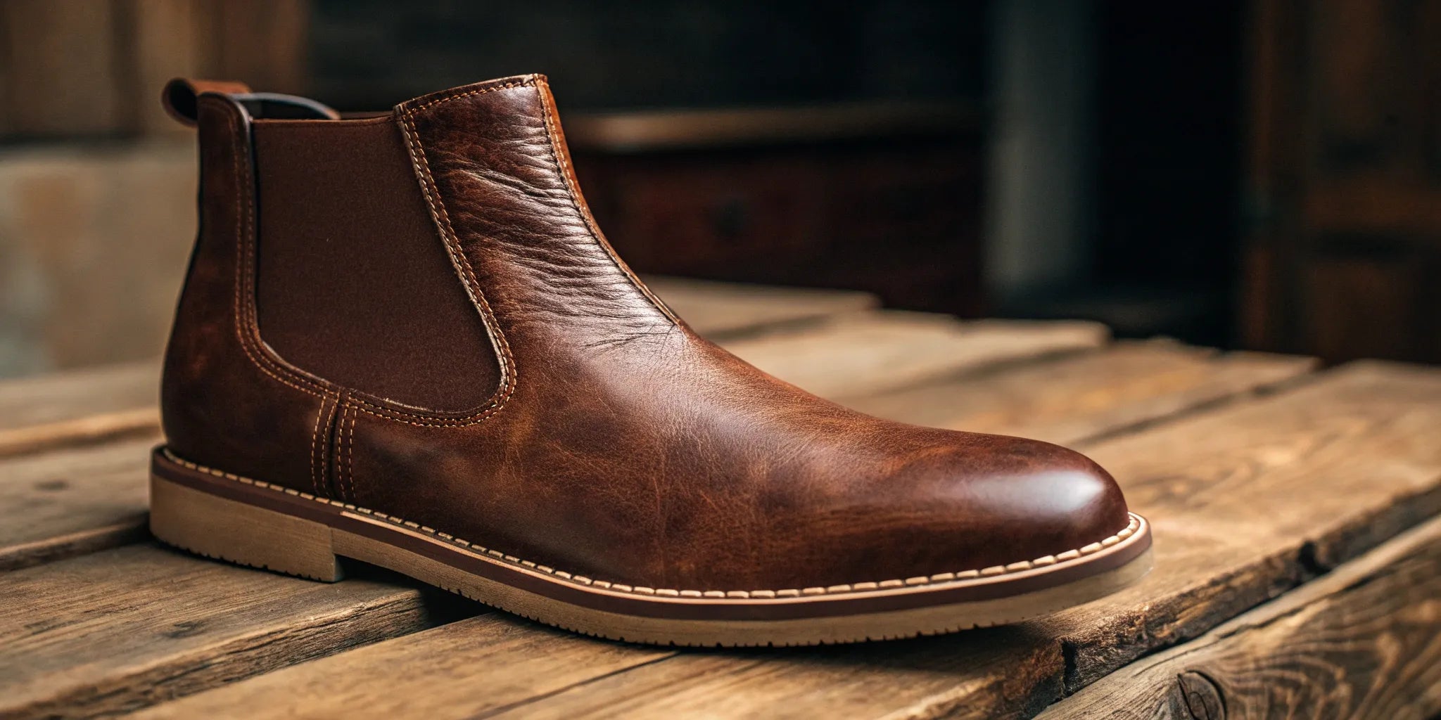 Stylish brown leather Chelsea boots for men. Adds height.