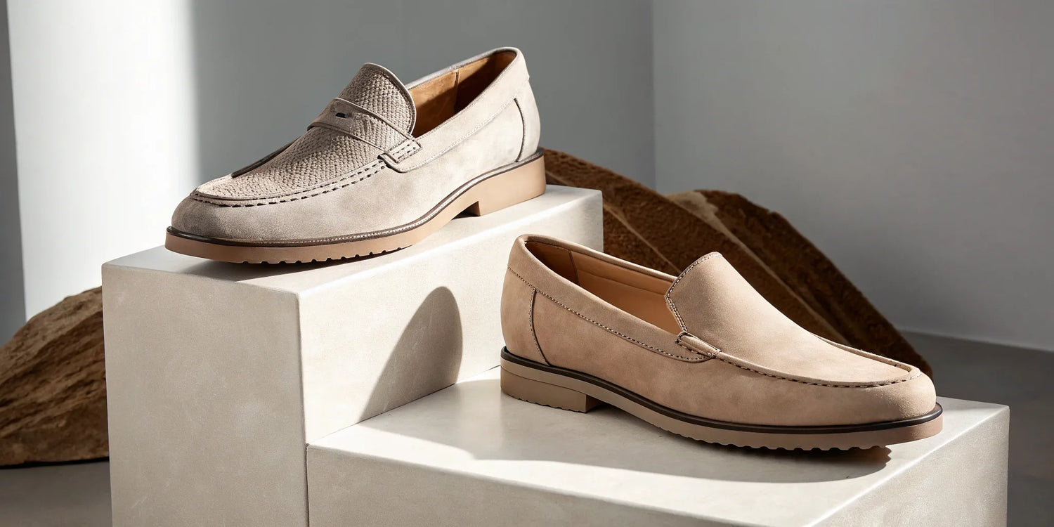 Stylish beige suede height increasing shoes.