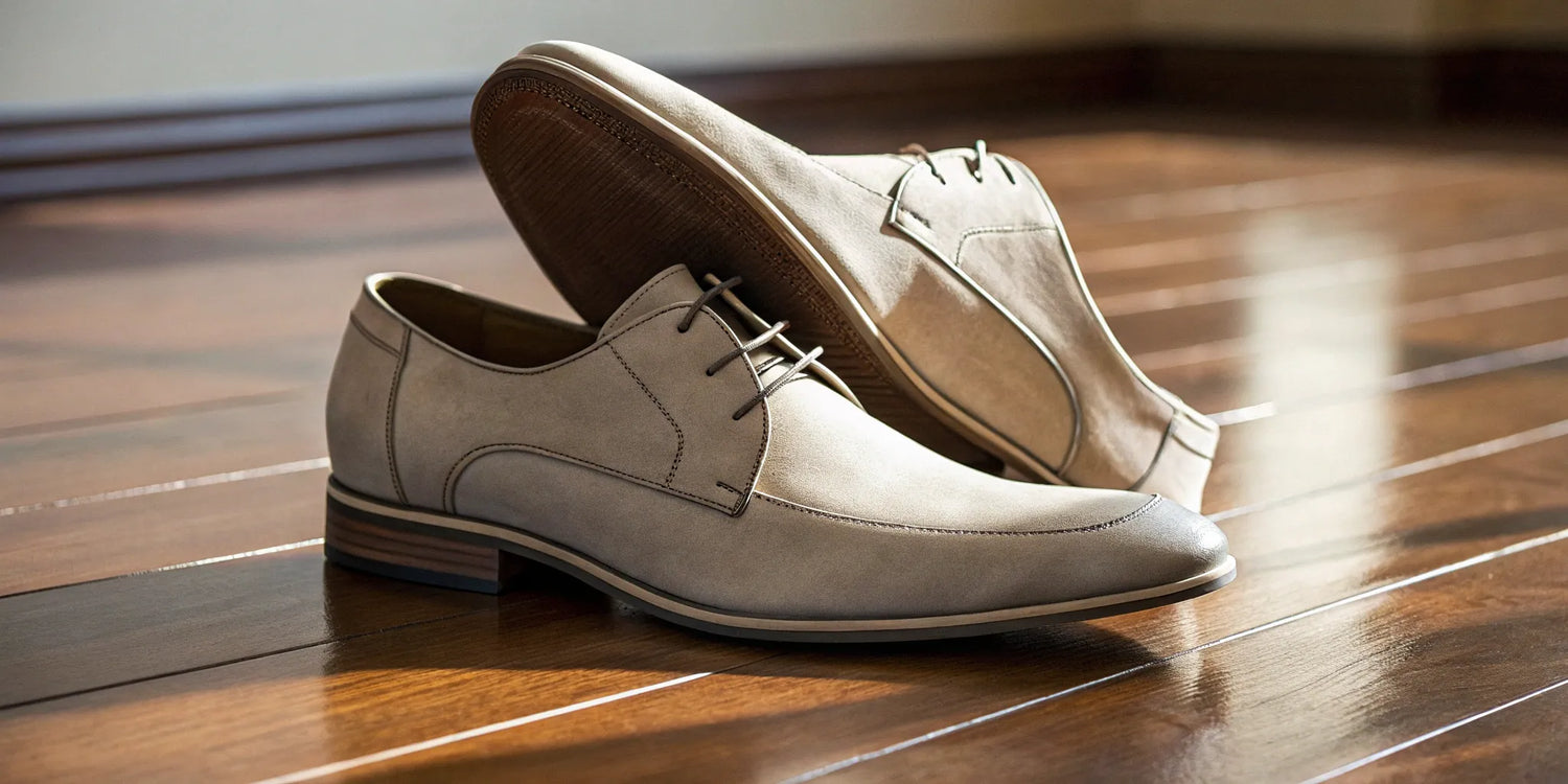 Stylish men's elevator shoes on hardwood floor.