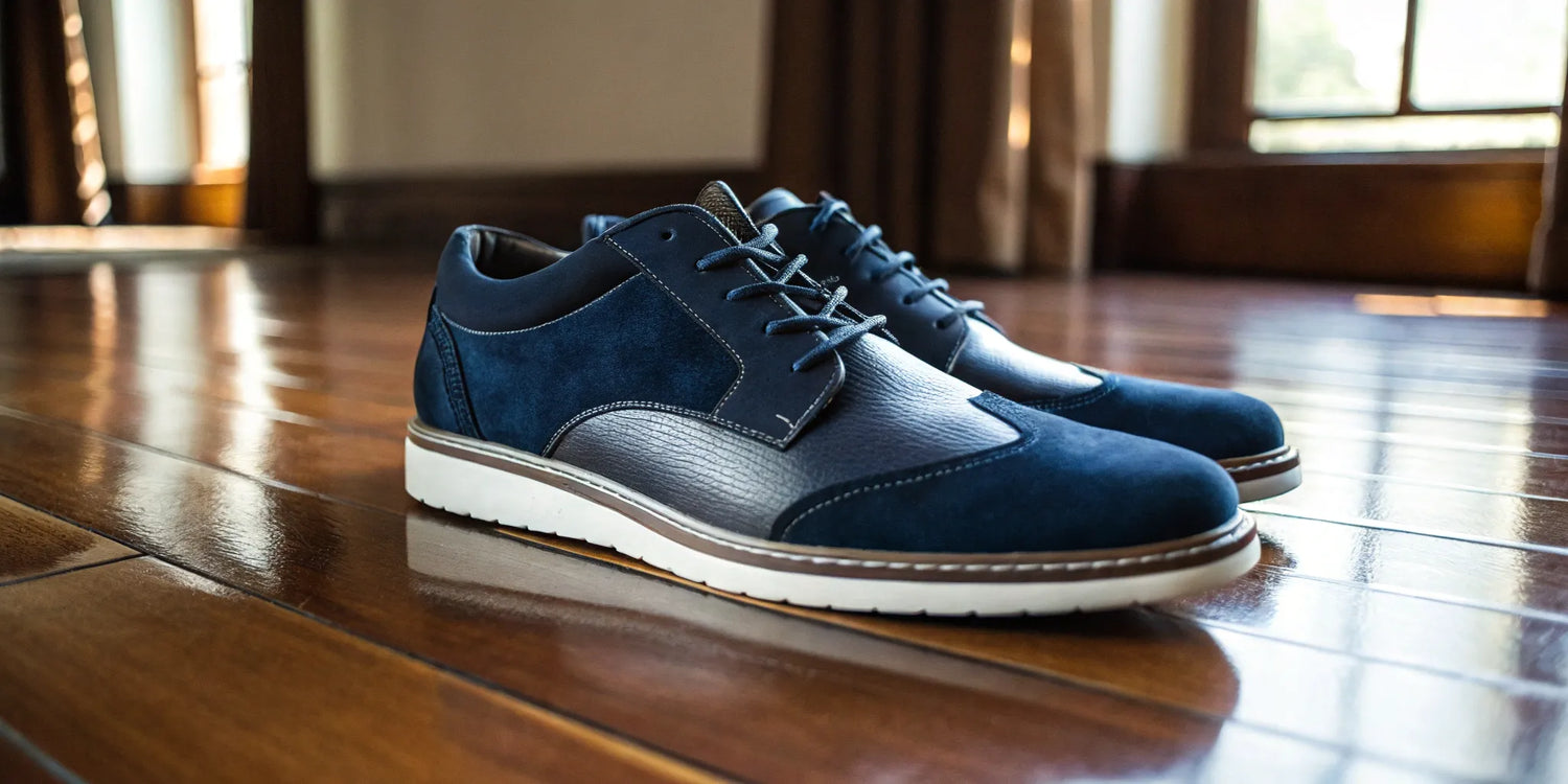 Men's height-increasing tennis shoes on a wooden surface.