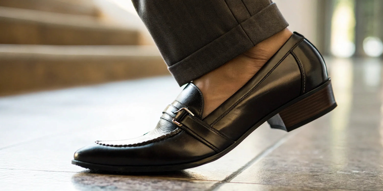 Men's black leather dress shoes with discreet height increase.