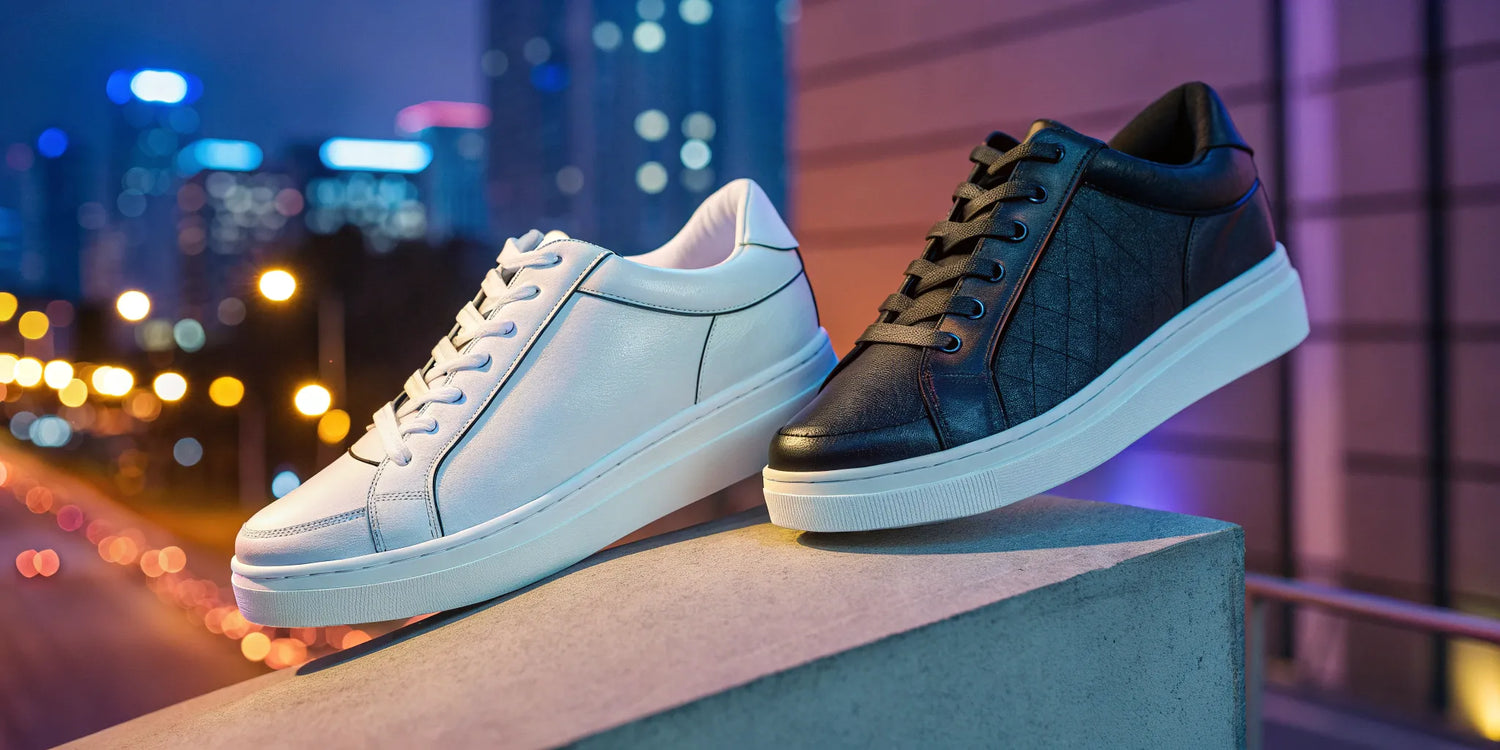 Stylish sneakers add height.