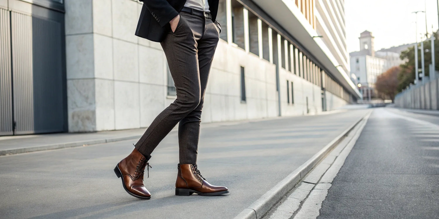 Tall man in stylish brown boots.