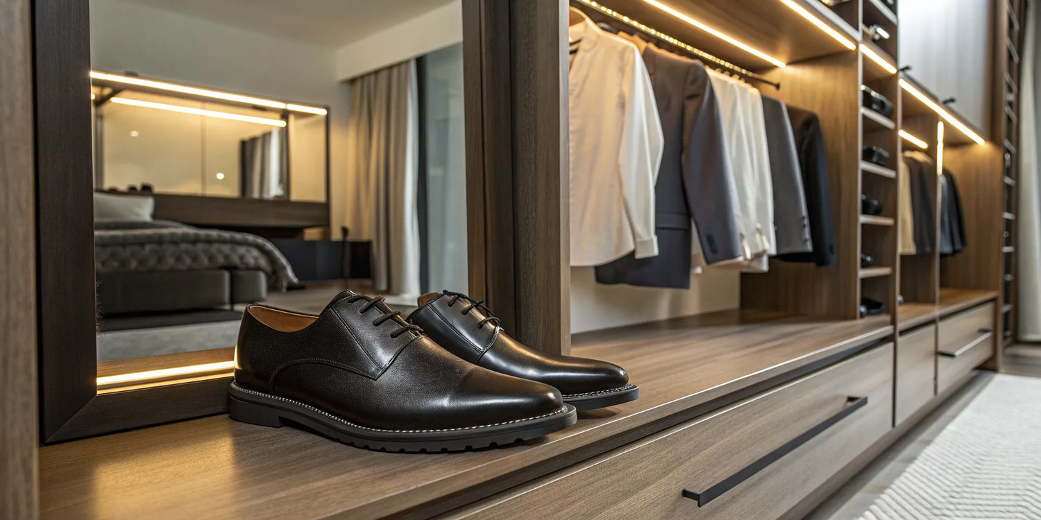 Taller black leather men's shoes on wooden shelf.