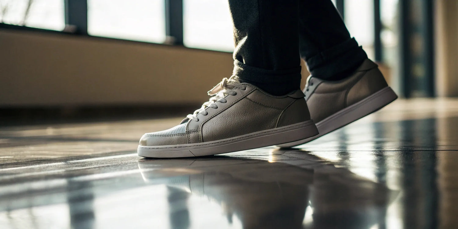 White tennis shoes with discreet lifts on a shiny floor.