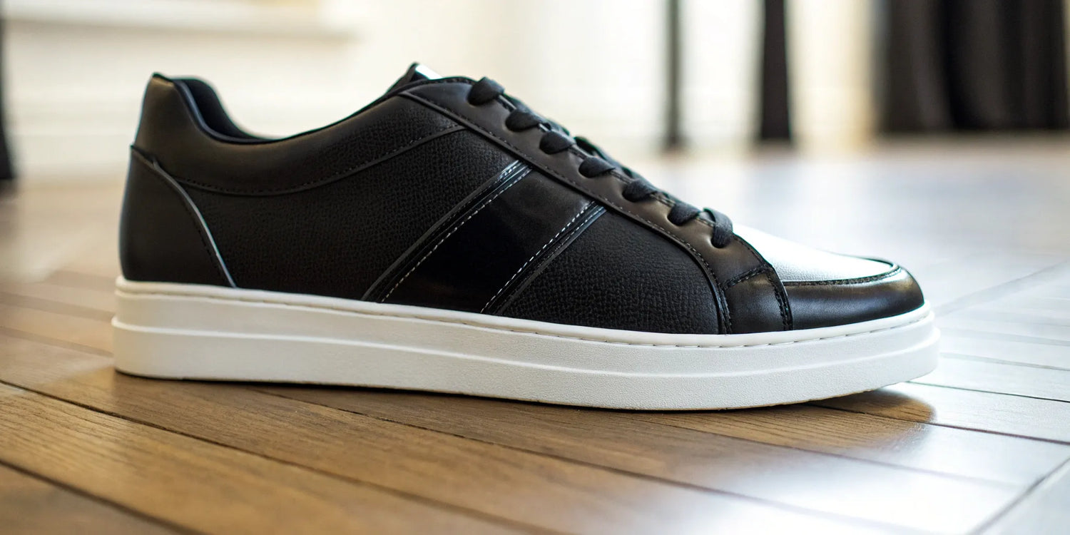 Height-boosting black trainers with thick white soles. Stylish and discreet.
