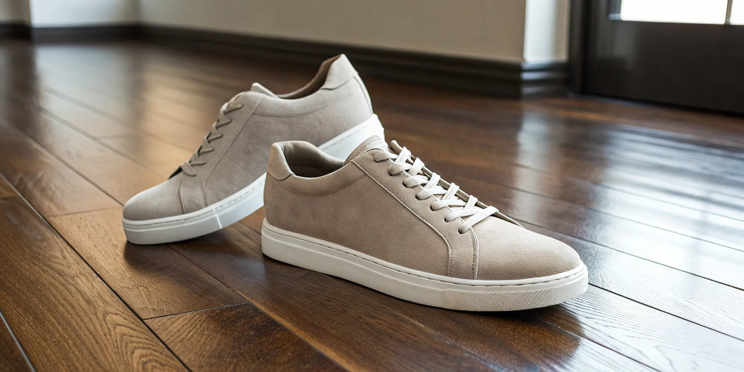 Stylish beige suede trainers with thick white soles on a wooden floor.