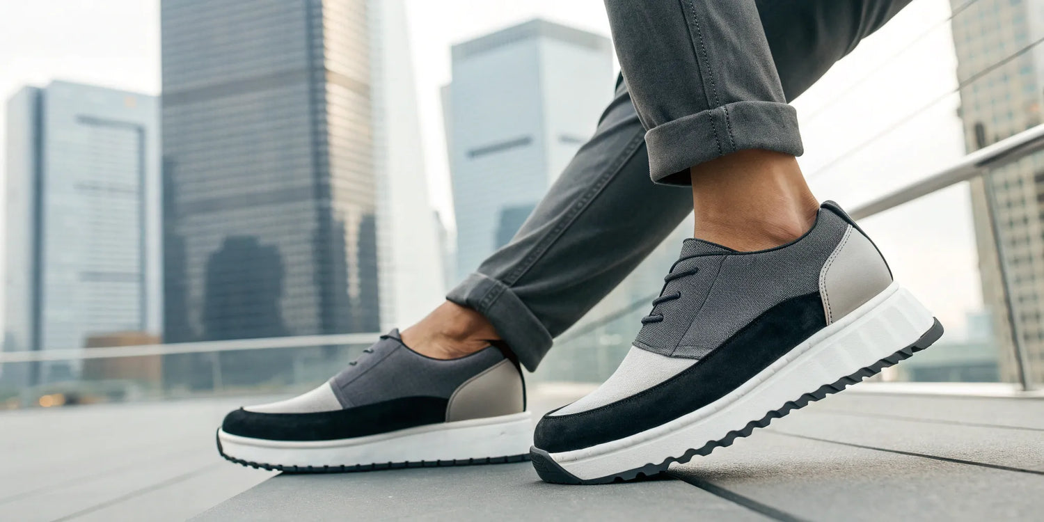 Stylish height-boosting shoes add extra height.