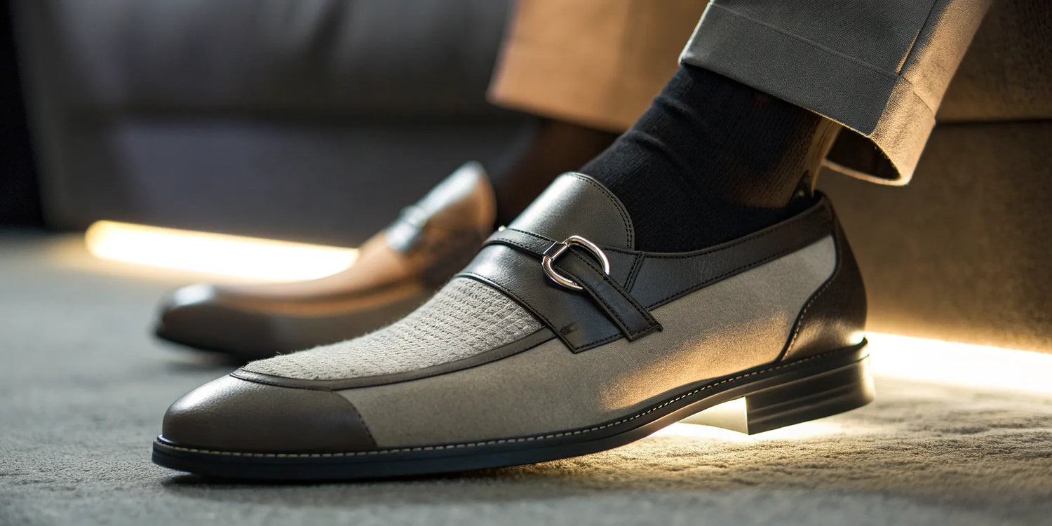 Men's platform dress shoes in black and beige leather for a stylish height increase.