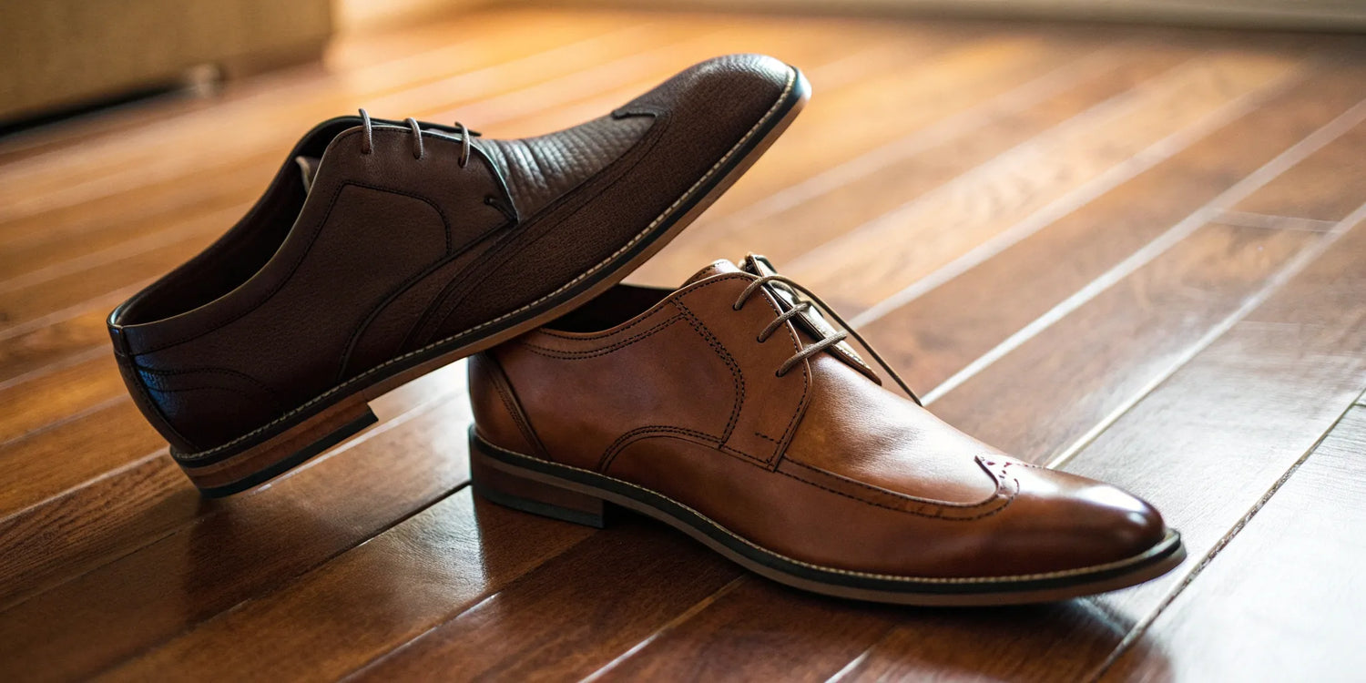 Men's brown leather dress shoes on a wooden floor.