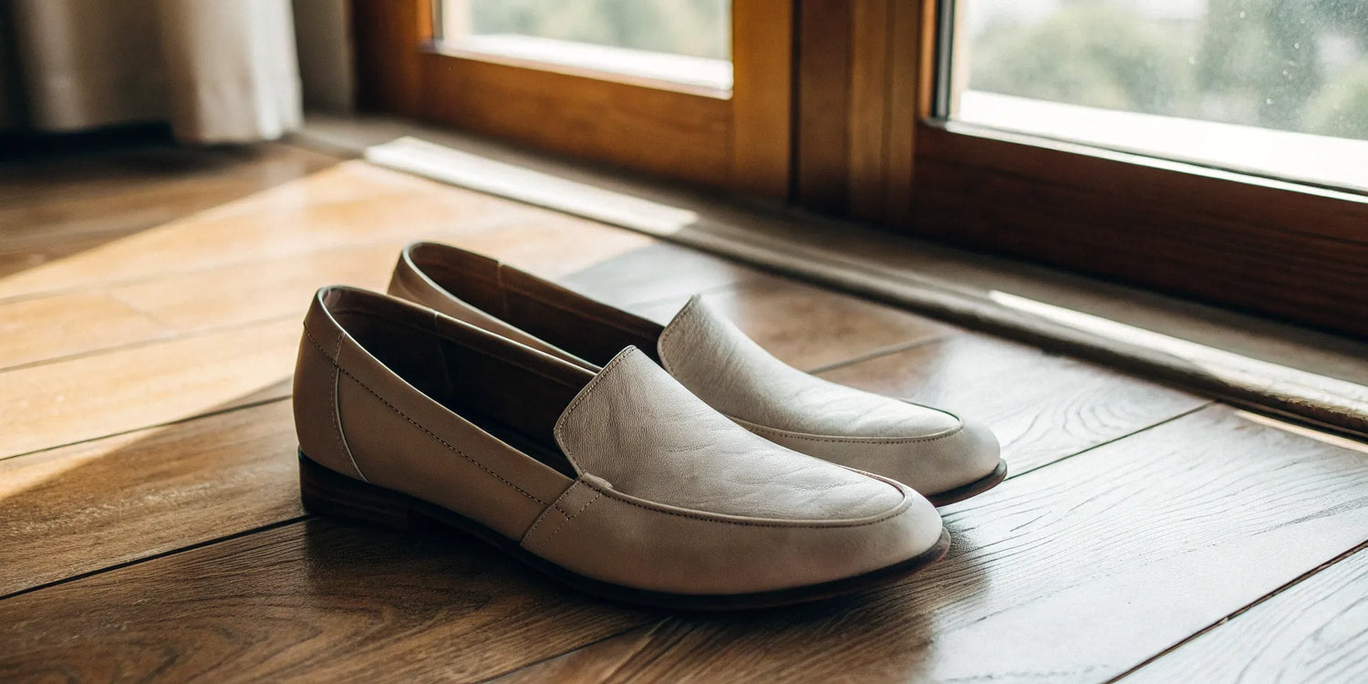 Stylish elevator shoes on wooden floor.