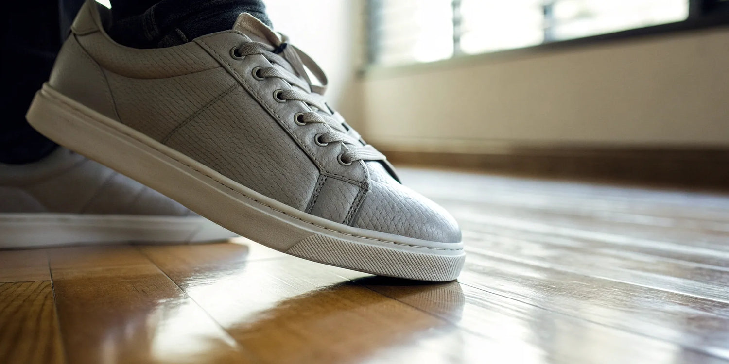 Height-increasing sneakers on a wooden floor.