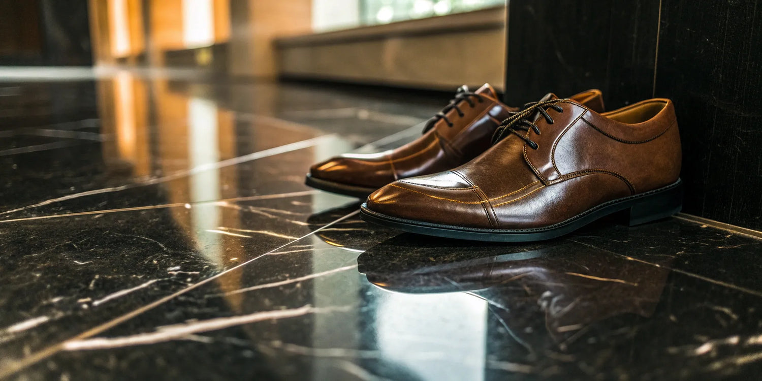 A pair of brown dress shoes with a discreet height boost.