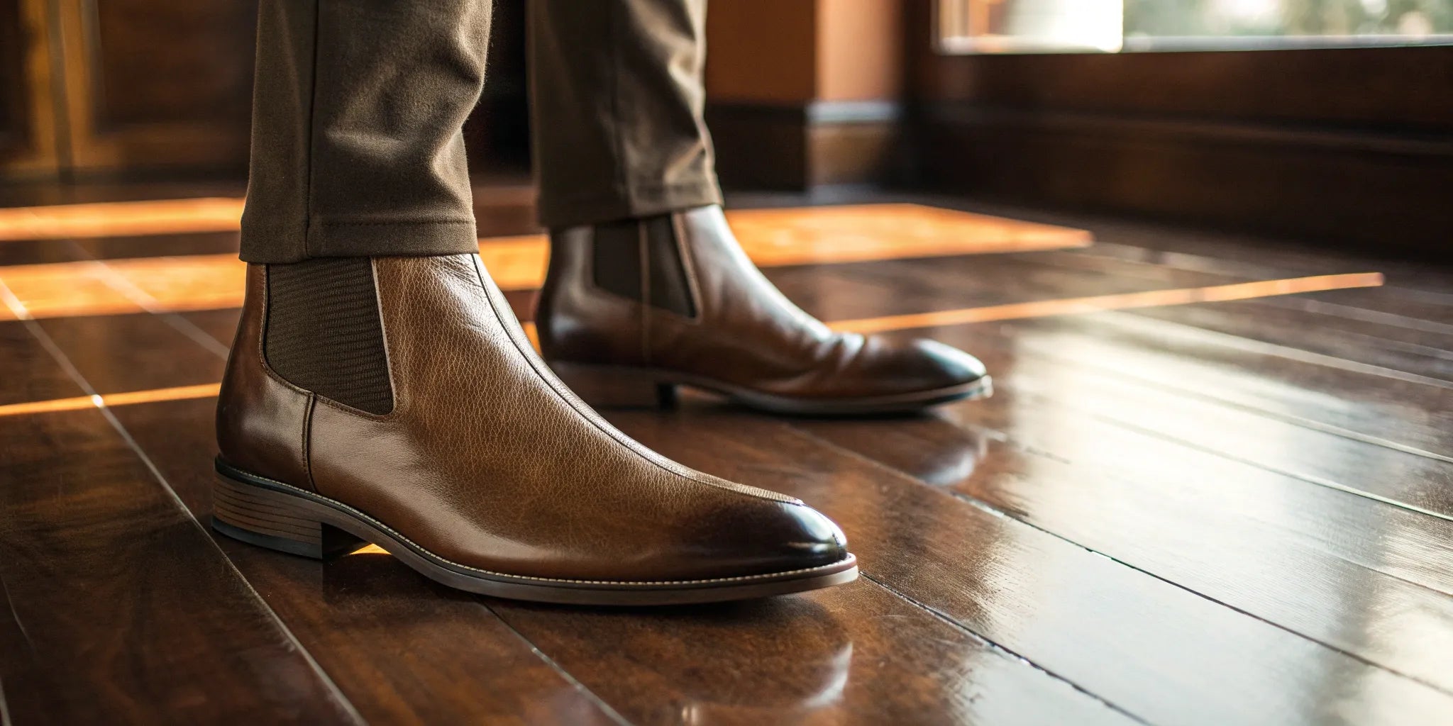 A pair of brown leather Chelsea boots for men that increase height.