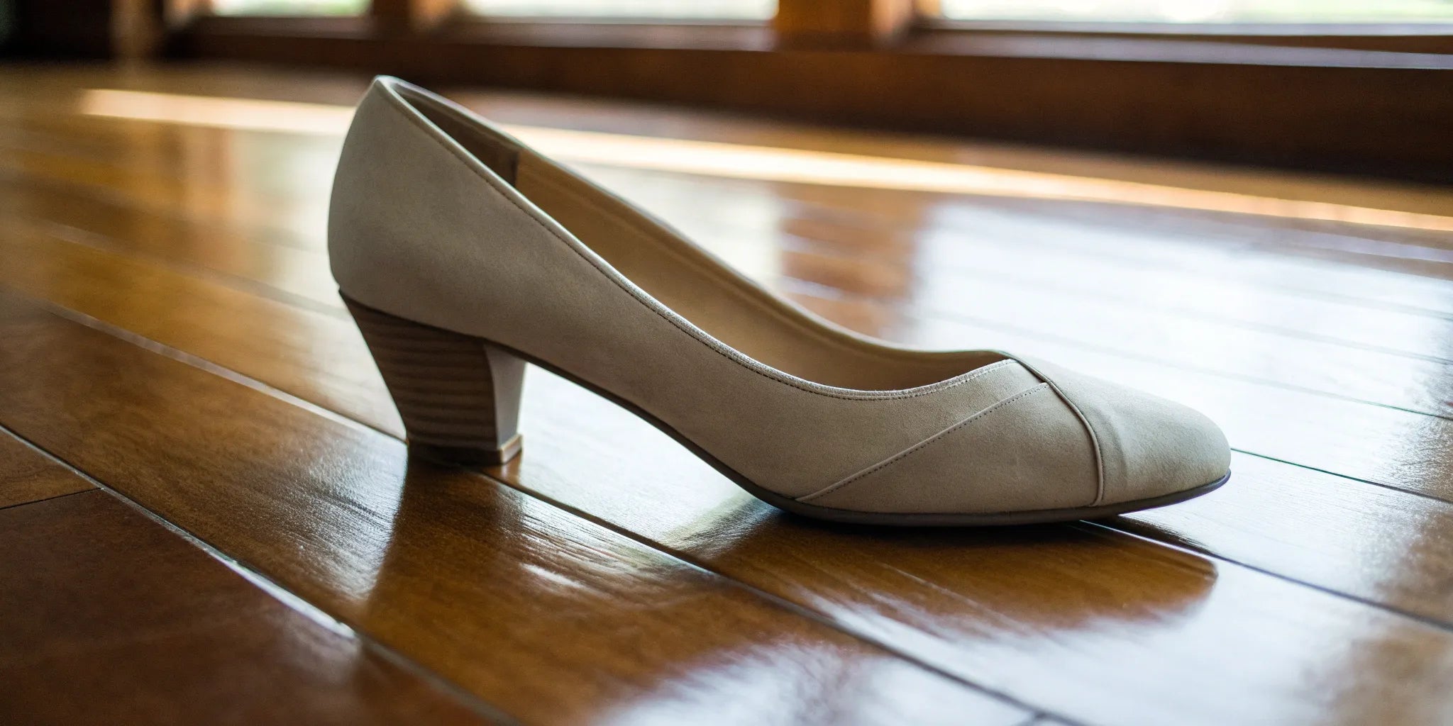 A beige height enhancing dress shoe with a discreet internal lift.