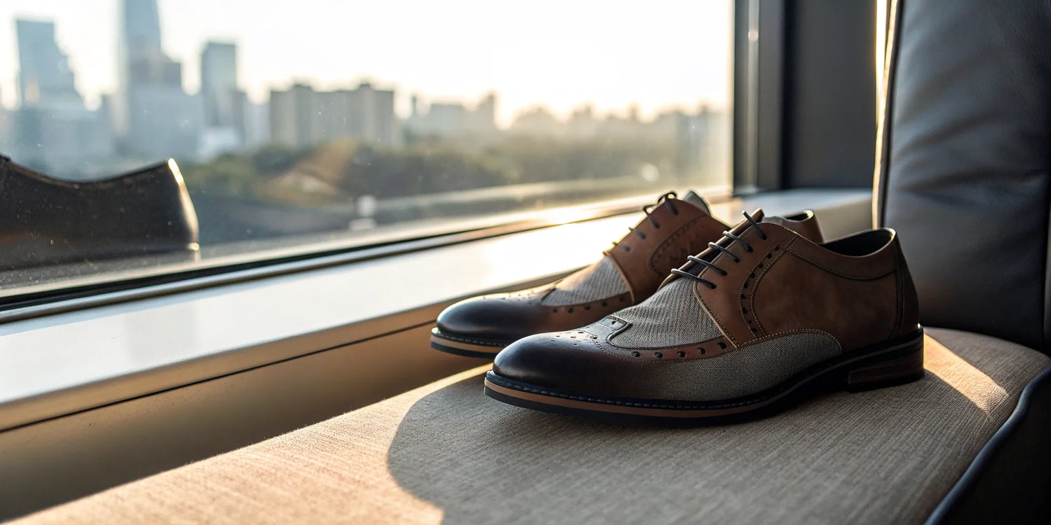 Men's brown dress shoes with height-increasing soles on a window seat.