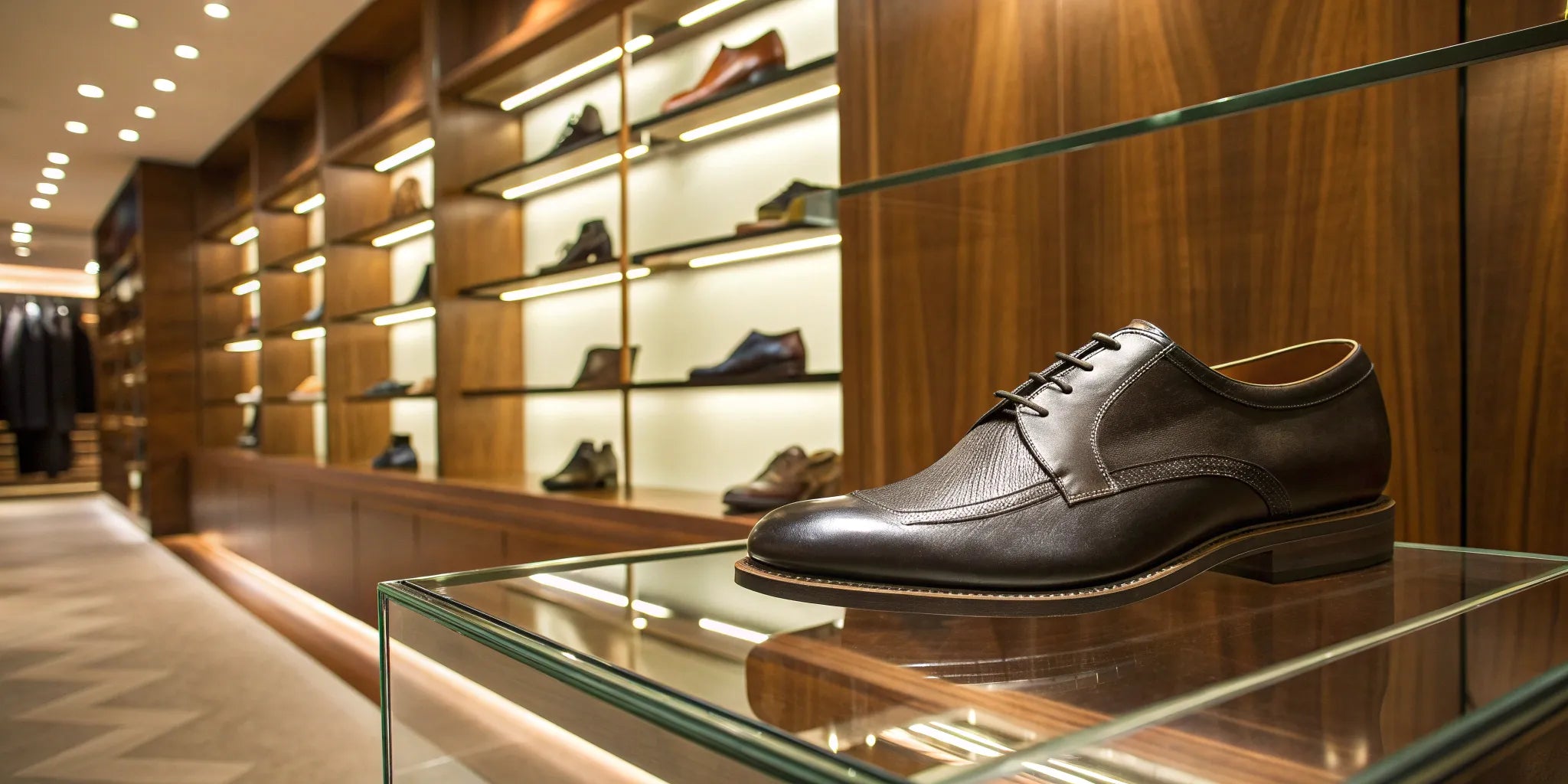 Brown leather elevator shoes on a glass shelf.