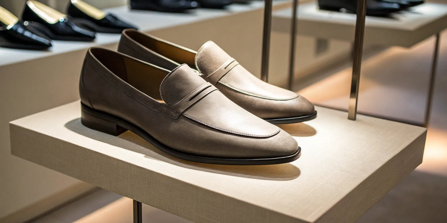 A pair of artistic platform heels on display, some of the tallest shoes in the world.