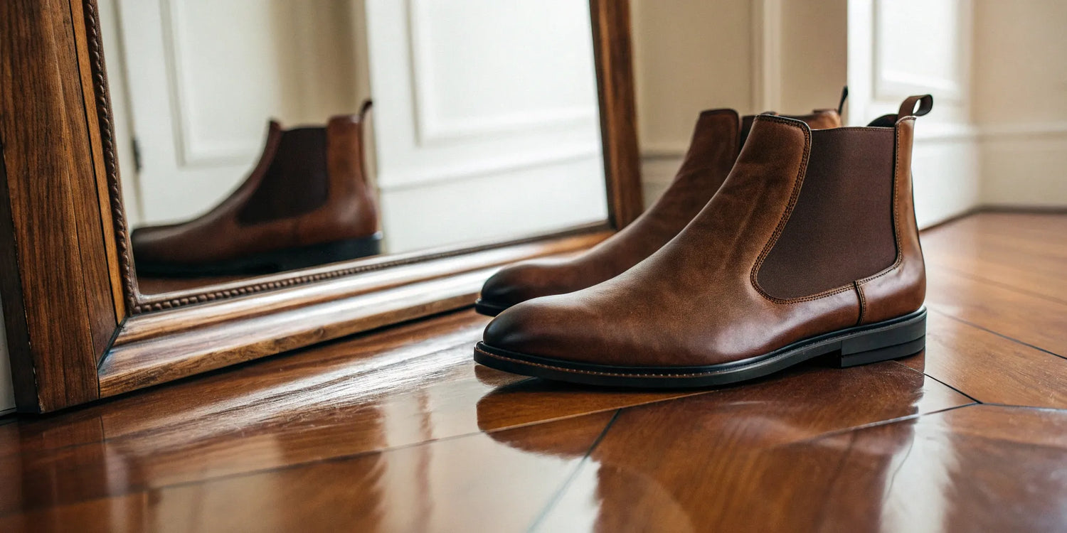 Stylish brown leather elevator boots on a wooden floor.
