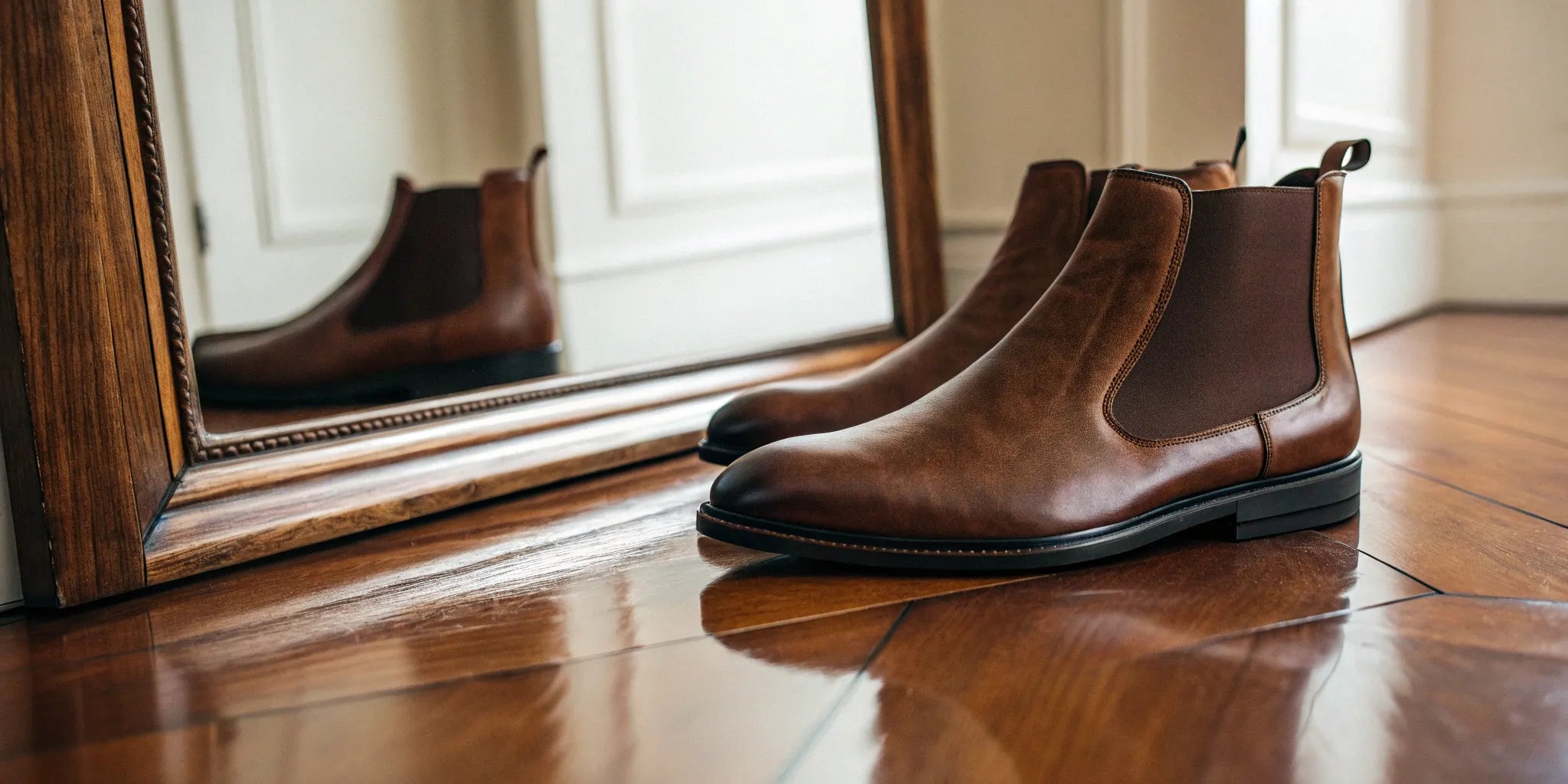 Stylish brown leather elevator boots on a wooden floor.