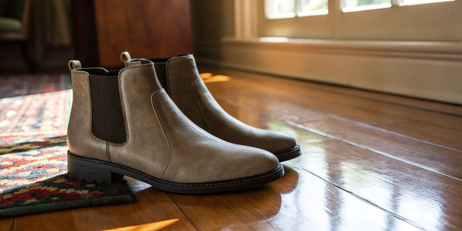 A pair of taupe leather height boosting boots with a discreet lift.