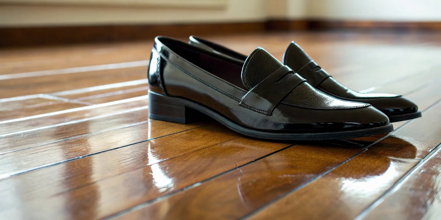 Black height boots on polished wood floor.
