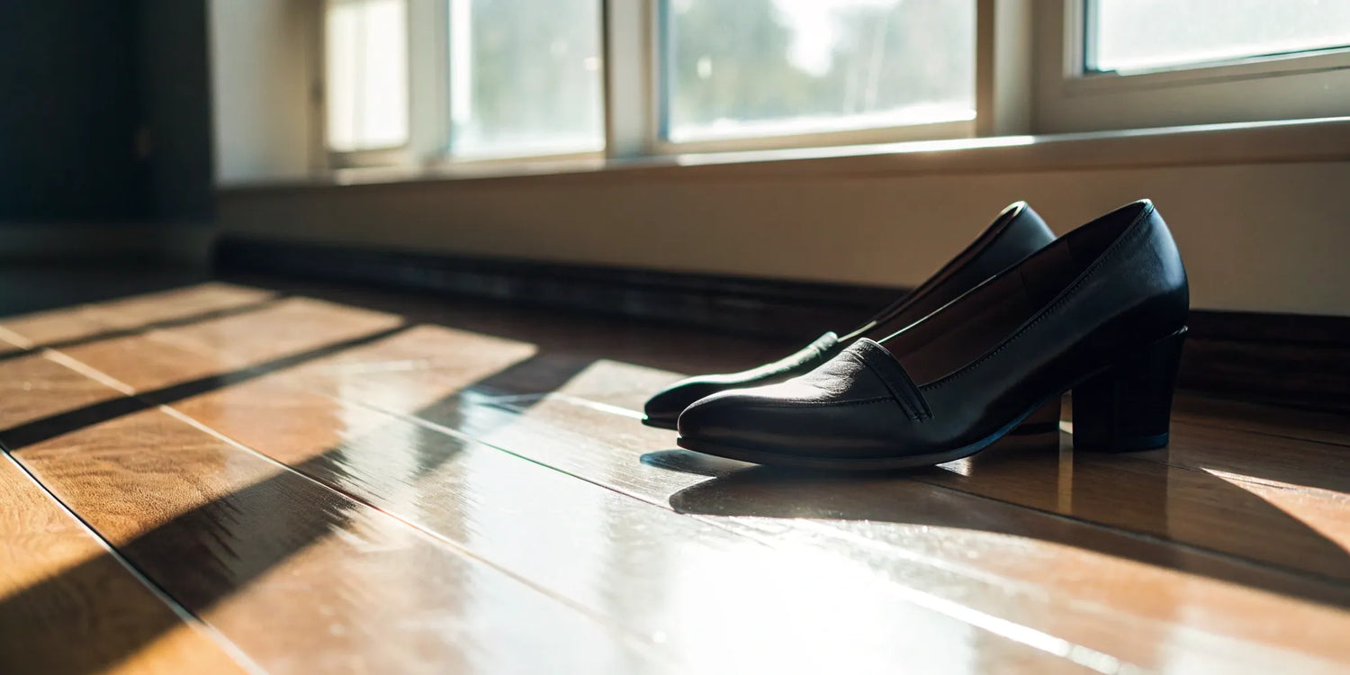 Stylish height-increasing shoes on a wooden floor.