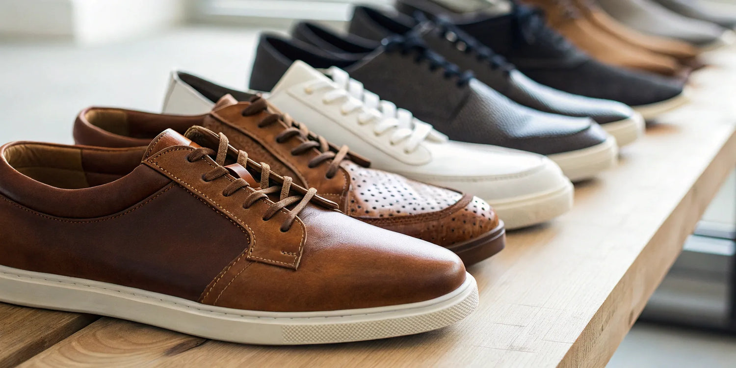 Leather shoes of different heights on a wooden shelf.