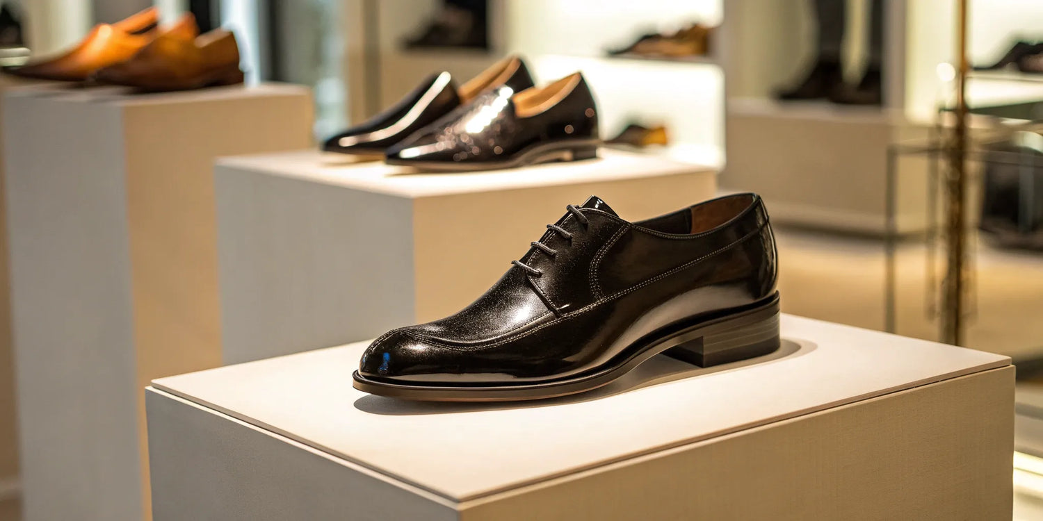 A black dress shoe with a hidden lift that makes guys taller.