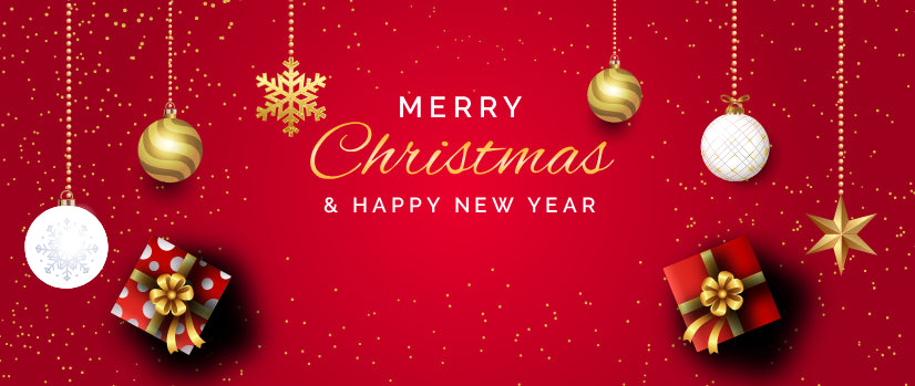 Red Christmas-themed banner with ornaments and text on a red background