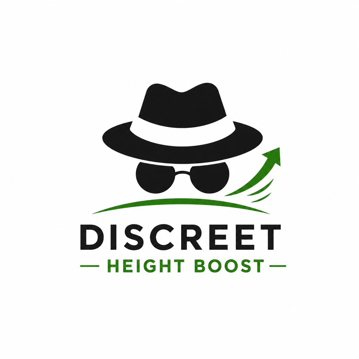 Logo for Discreet Height Boost with a hat and sunglasses design on a white background