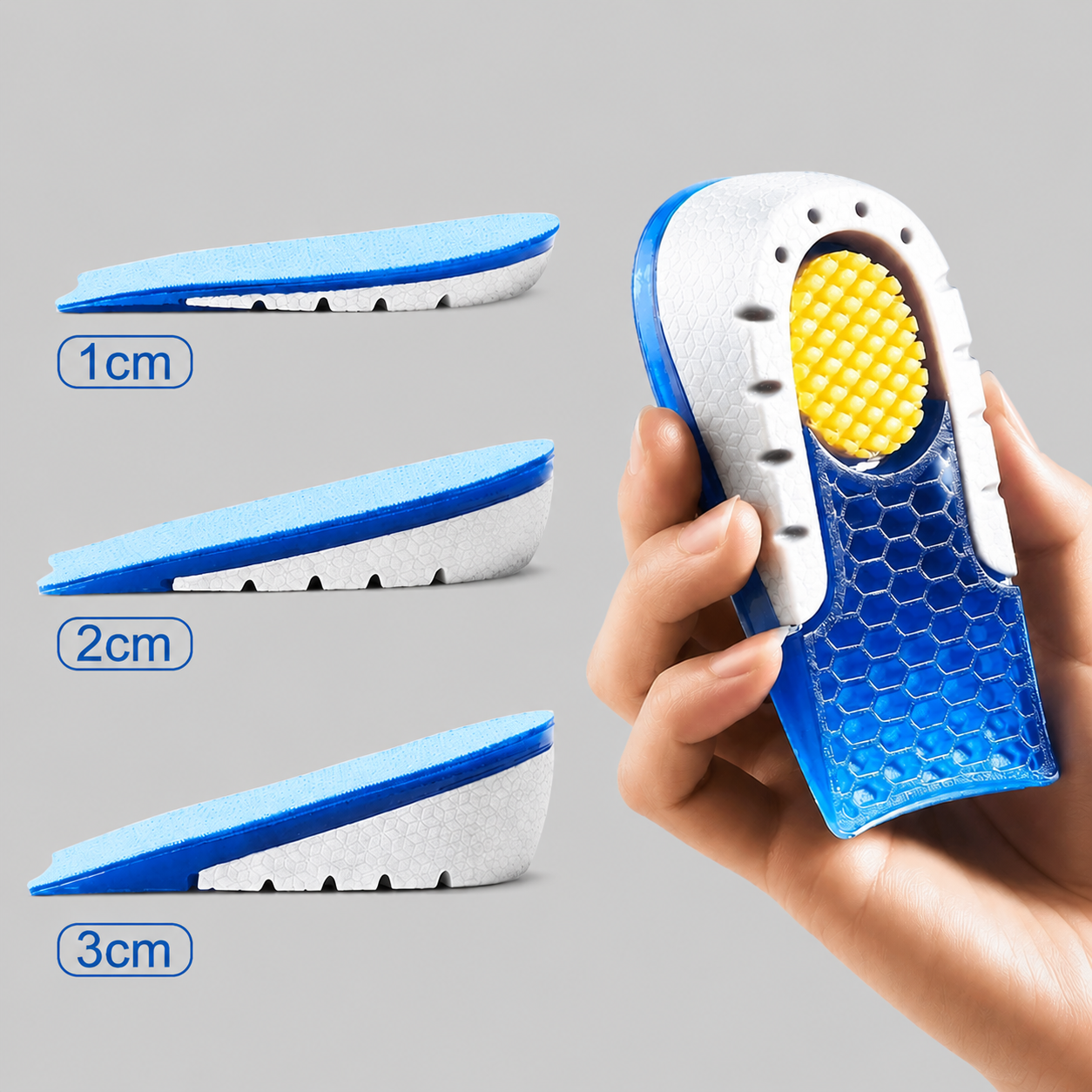 A hand holds a blue and white shoe insert tool with a yellow textured pad, shown beside three example insole profiles labeled 1cm, 2cm, and 3cm on a light gray background.