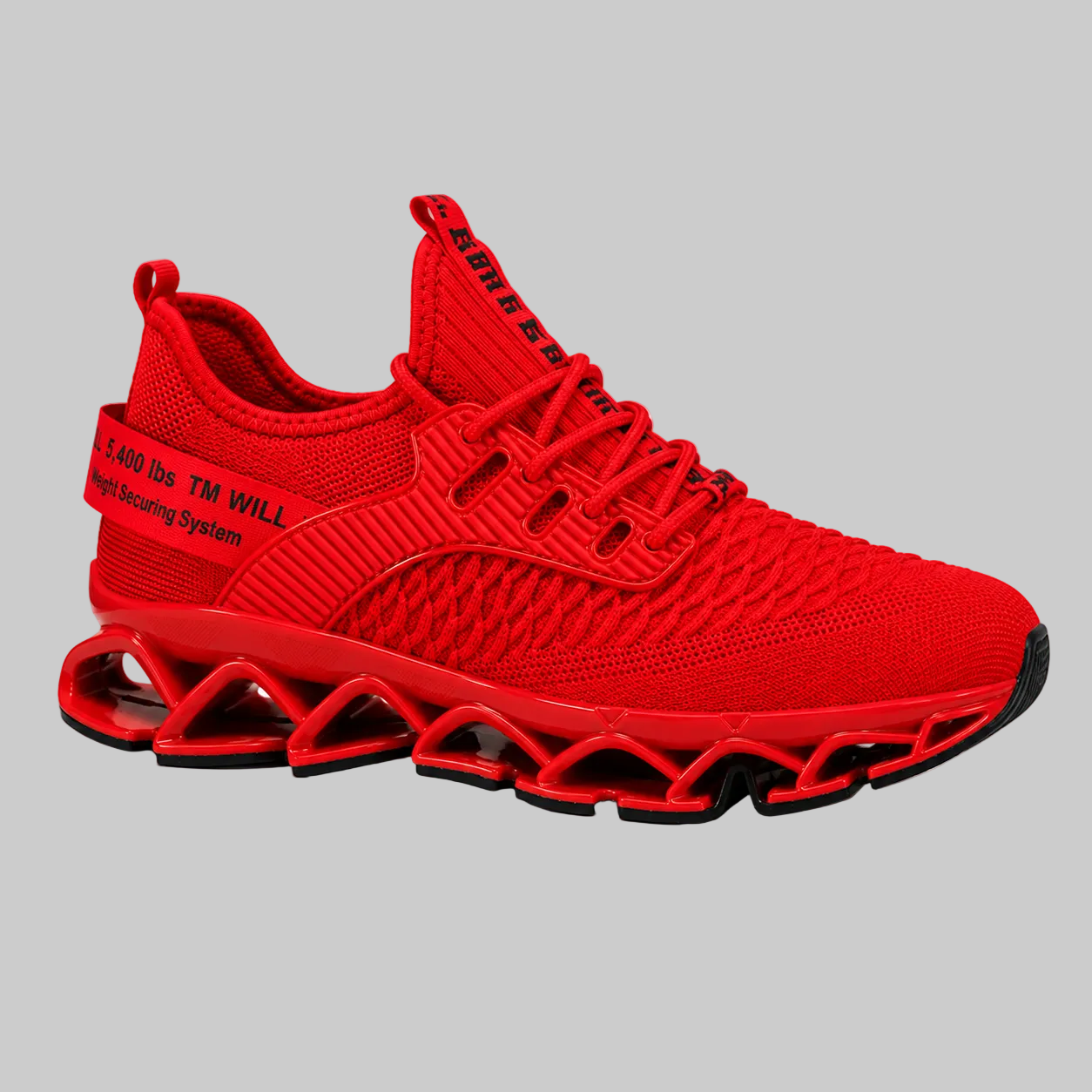 A bright red athletic sneaker with a textured knit upper, matching red laces, and a sculpted red and black sole, shown on a plain white background.