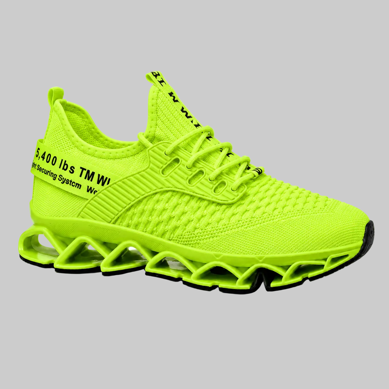 A bright neon yellow-green athletic sneaker with a textured knit upper, matching laces, and a sculpted wavy sole, shown against a plain white background.