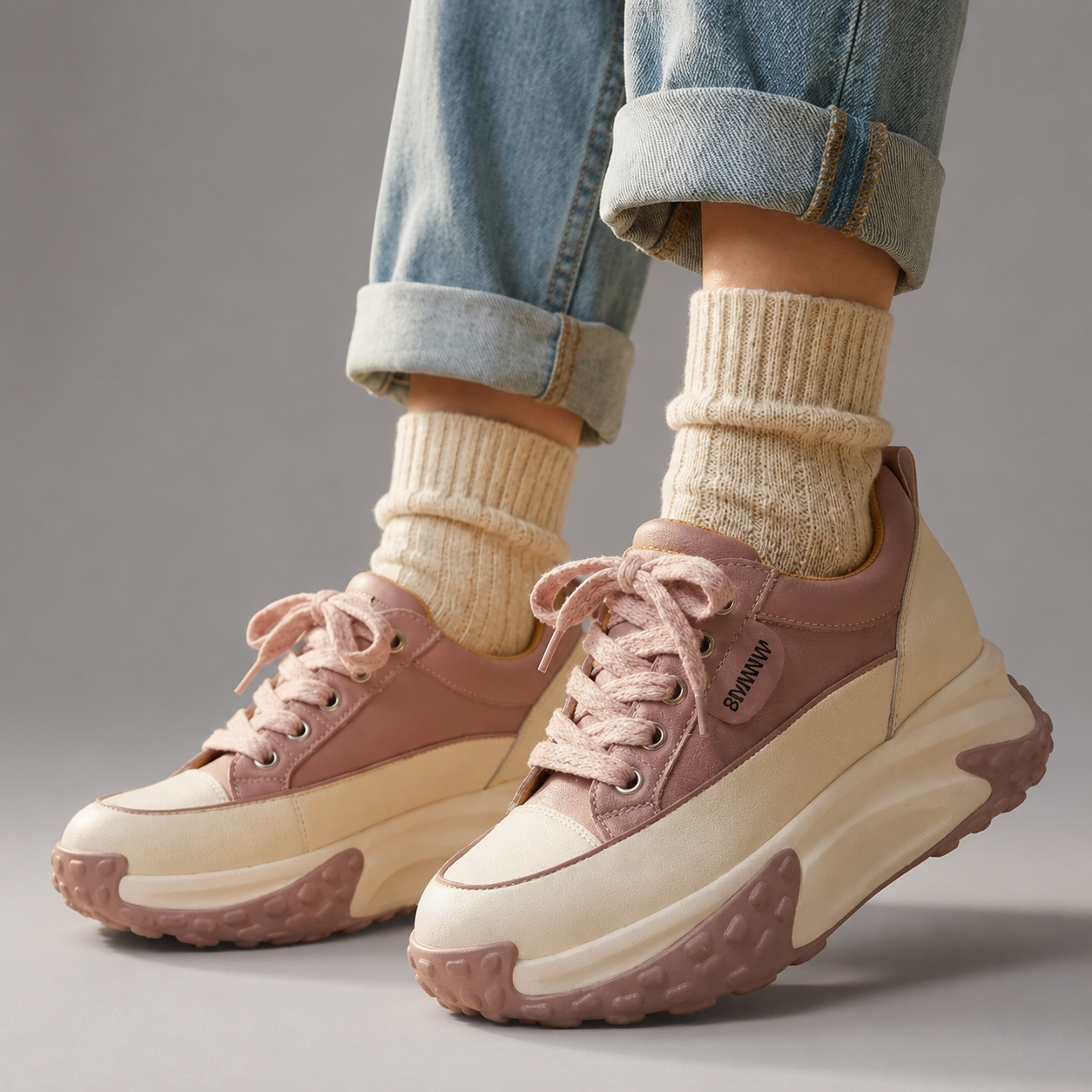 Pink and beige sneakers worn with rolled-up jeans and cream socks on a gray background