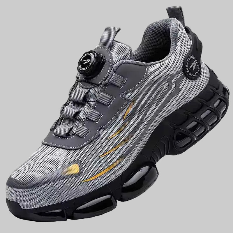 Gray and black sneaker with visible brand logo on a white background
