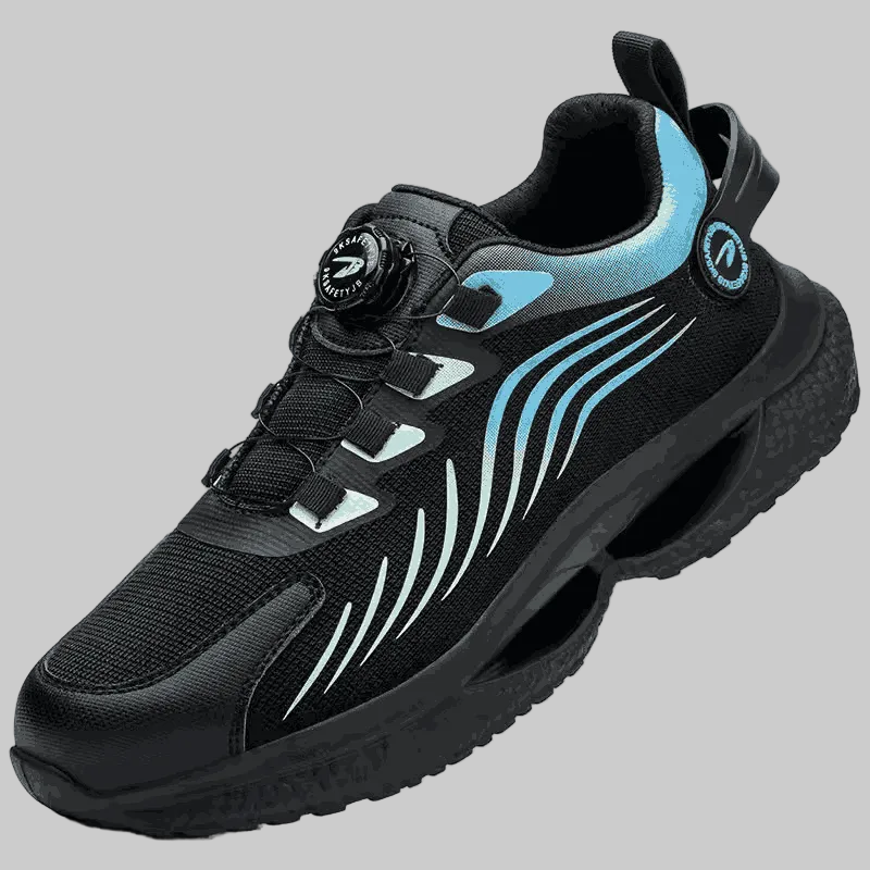 Black and blue athletic shoe on a white background