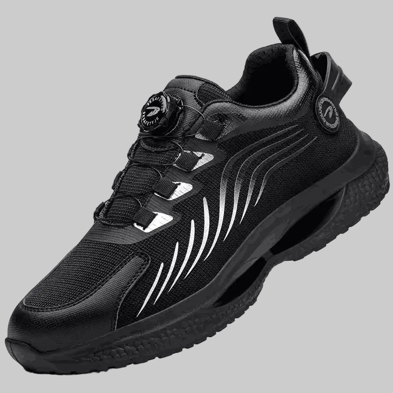 Black sneaker with white accents on a white background, featuring the QHSPE brand.