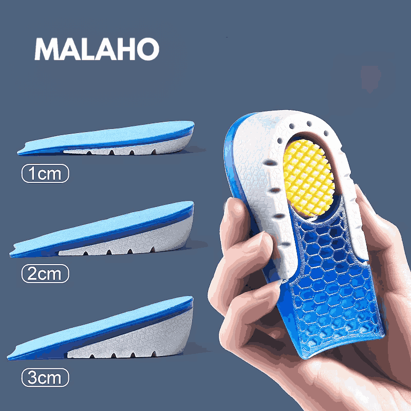 Blue and white shoe insole with honeycomb design, held by a hand, on a dark background with 'MALAHO' branding.
