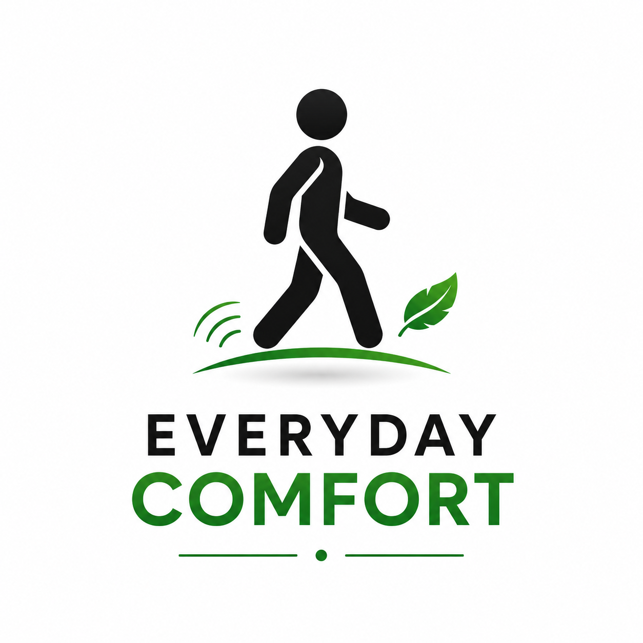 Logo for 'Everyday Comfort' with a walking figure, leaf, and sound wave on a white background.