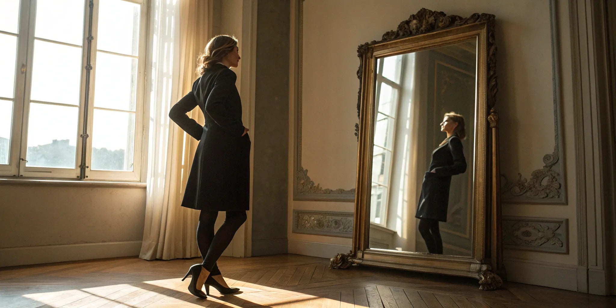 A woman wearing stylish black elevator shoes for women, adding a discreet lift in height.
