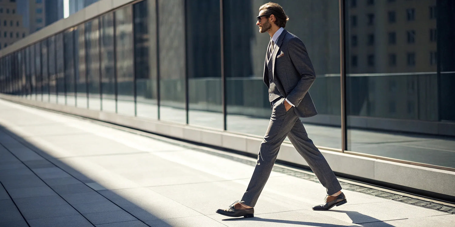 A confident man in a suit wearing stylish elevator dress shoes.
