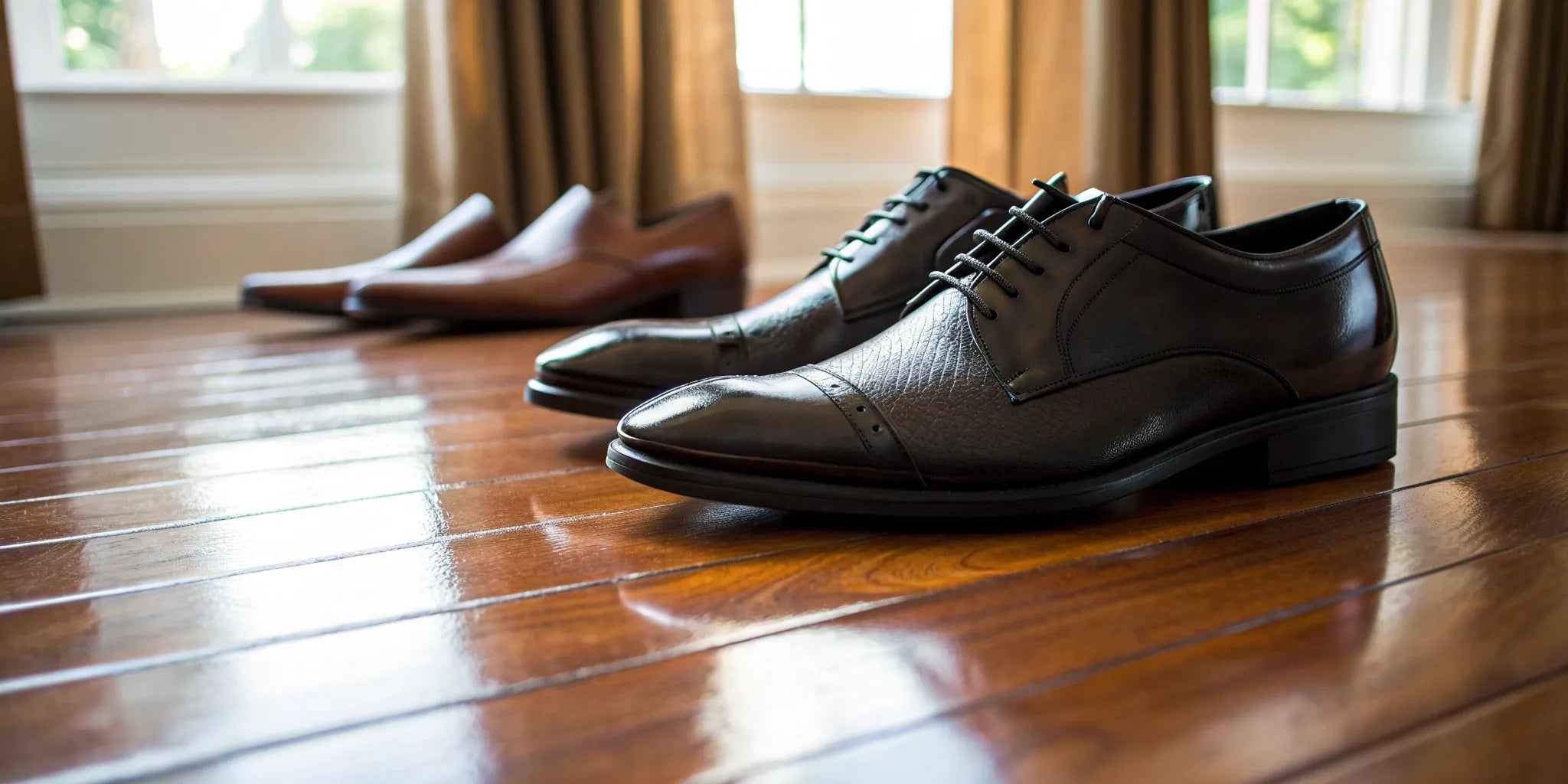 A pair of black leather height boosting dress shoes that provide a stylish and discreet lift.
