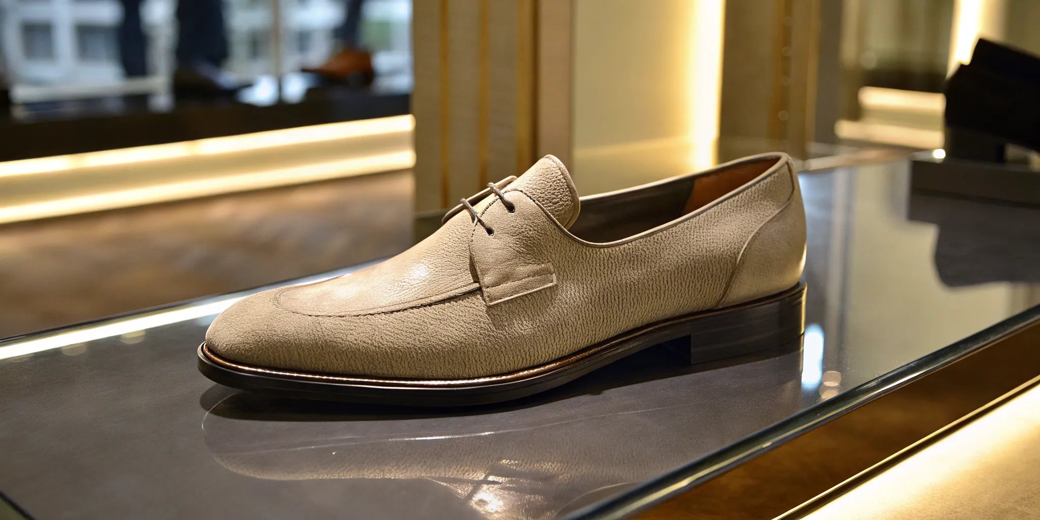 A stylish beige elevator shoe for men that gives the most height.