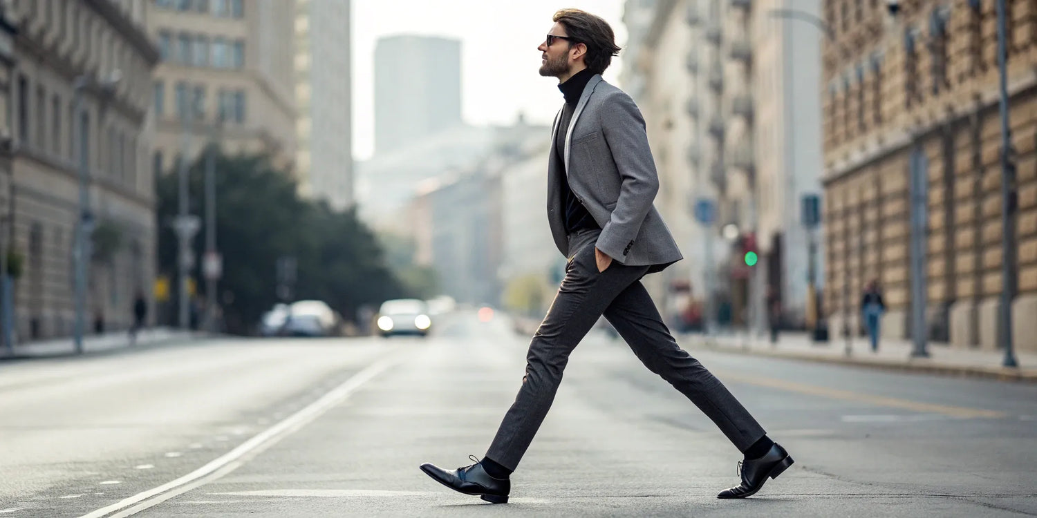 A man wearing stylish heightening shoes for men walks with confidence.
