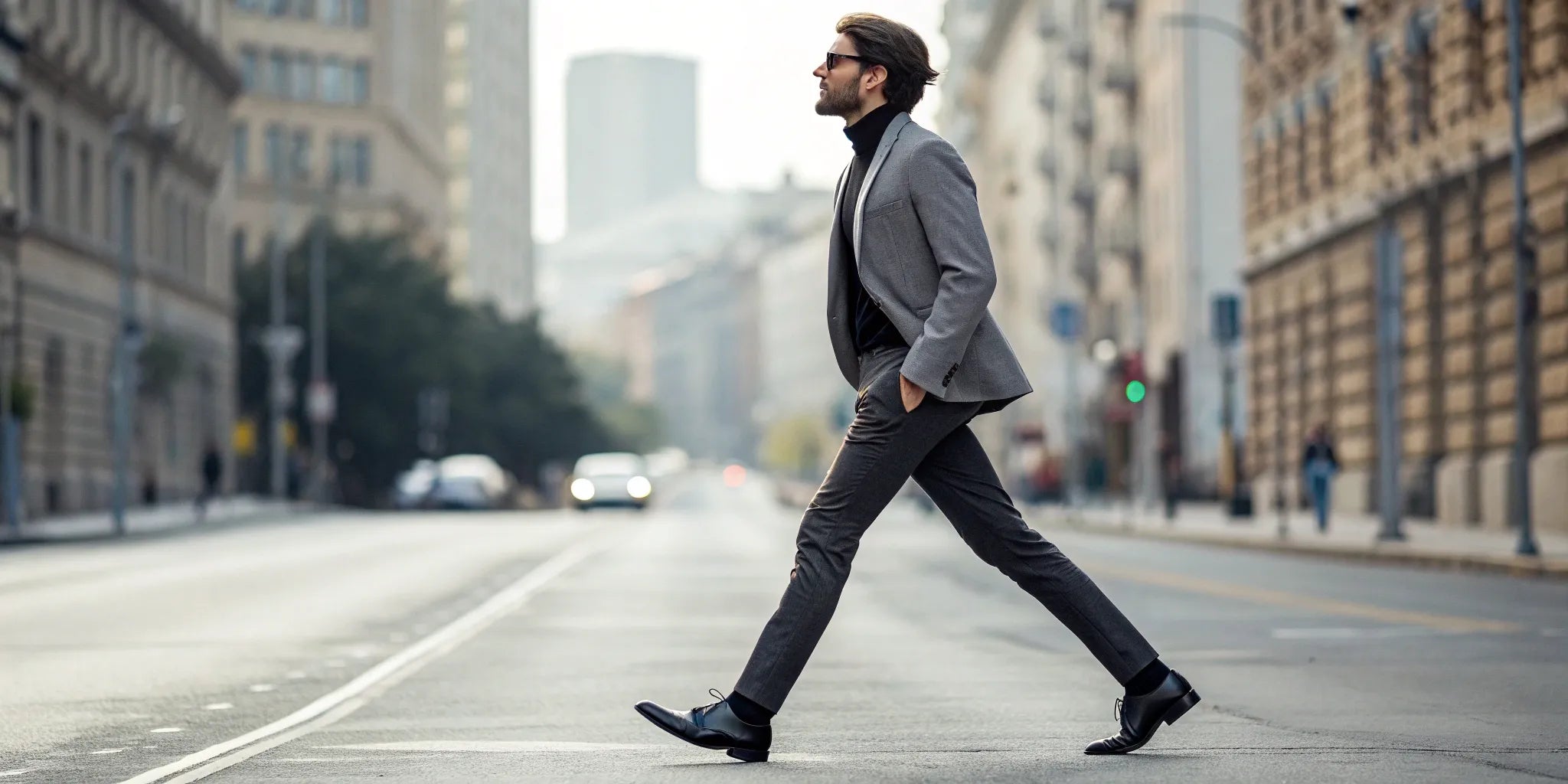A man wearing stylish heightening shoes for men walks with confidence.