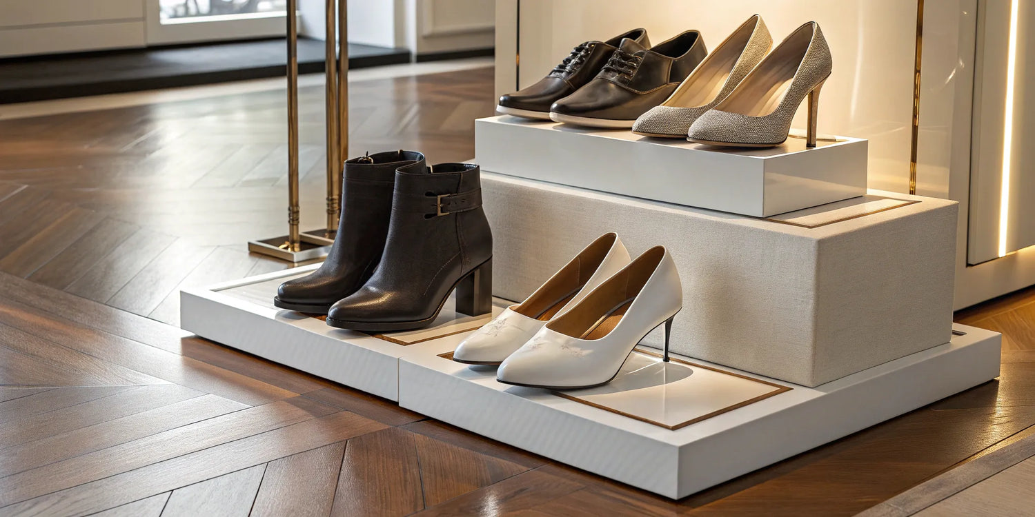 Various stylish heeled boots and dress shoes that make you look taller.