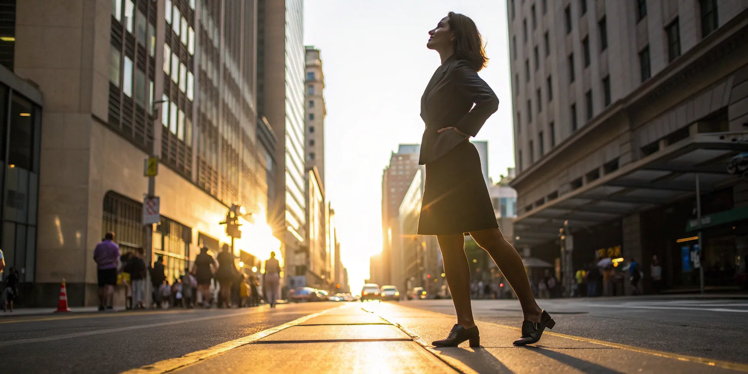 Confident woman in business attire wearing shoes that make you taller.