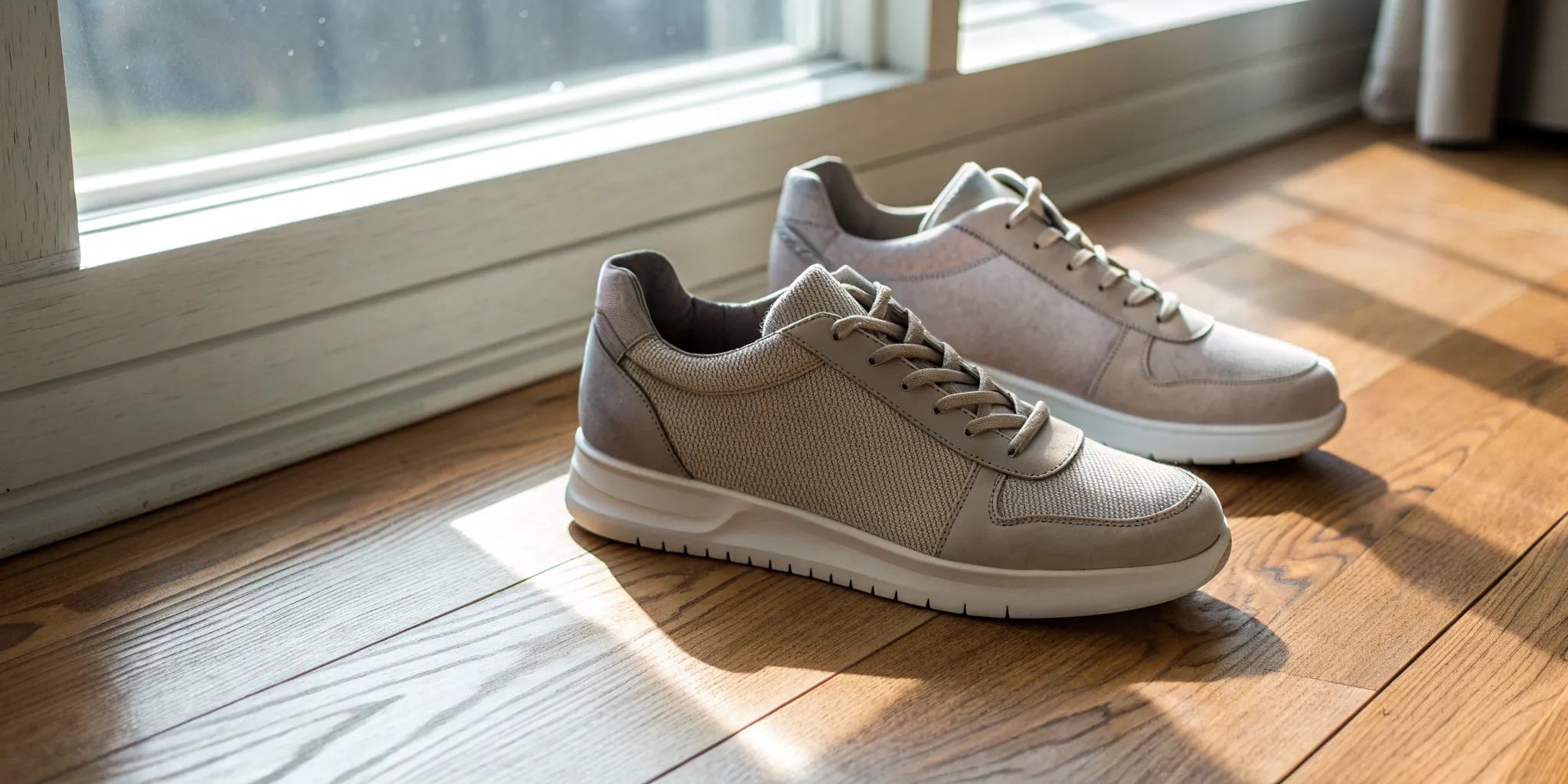 Beige sneakers with height for all-day comfort and an added lift.